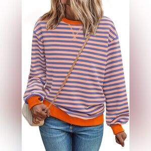 Blue Pink Orange Oversized Long Sleeve Casual Stripe Crewneck Sweater Size Small